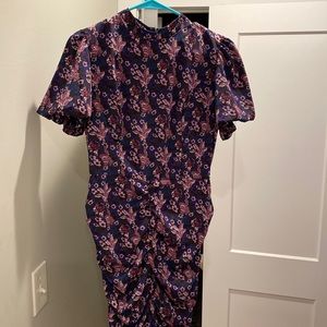 High neck puff short sleeve mini dress.